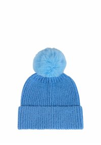 Berretto lavorato a maglia blu con risvolto e un soffice pom-pom in cima. Texture morbida con un motivo a coste uniforme.