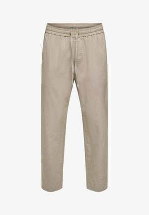 Beige lichte linnen broek met elastische tailleband en trekkoord, rechte pijpen, ontworpen voor casual gebruik.