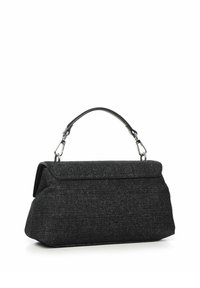 Borsa a tracolla nera con texture, caratterizzata da una forma strutturata, dotata di manico superiore e dettagli in metallo argentato. I tessuti suggeriscono una costruzione durevole.