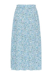 Jupe midi florale avec un fond bleu clair et des motifs floraux bleus et verts dispersés, taille élastique et design fluide.
