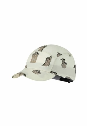 Gorra beige con una pequeña visera curva, con un patrón de perezosos en dibujos animados colgando de ramas y un parche con el logo de Buff en el frente.