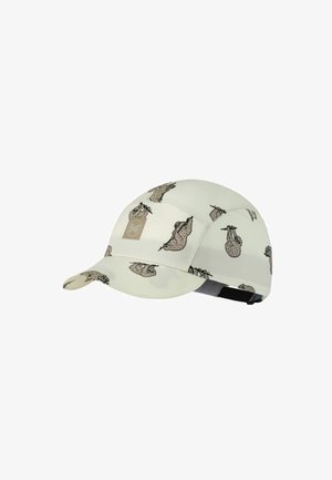 Gorra beige con una pequeña visera curva, con un patrón de perezosos en dibujos animados colgando de ramas y un parche con el logo de Buff en el frente.