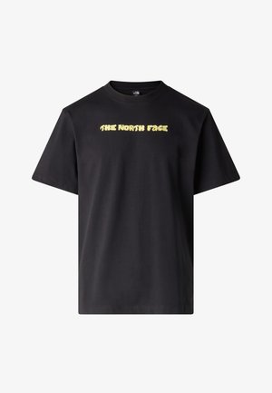 Musta lyhythihainen puuvillainen T-paita, jossa keltainen "THE NORTH FACE" -logoteksti keskitettynä rinnan kohdalle. Klassinen pyöreä kaula-aukko.