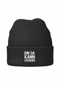 Black knit beanie with ribbed texture, featuring a folded cuff and a rectangular patch displaying "BIN DA KANN LOSGEHEN" in white lettering.