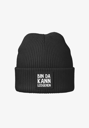 Black knit beanie with ribbed texture, featuring a folded cuff and a rectangular patch displaying "BIN DA KANN LOSGEHEN" in white lettering.