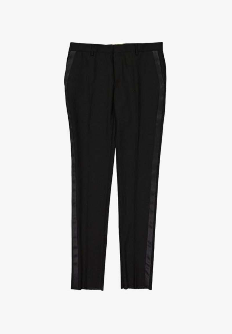 Pantalon formel noir avec bandes latérales en satin, comprenant des passants pour ceinture et des poches latérales, présenté sur un fond blanc uni.