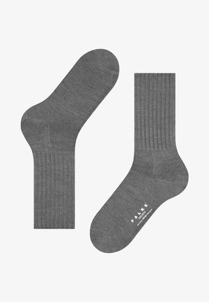 Gray ribbed socks with a smooth finish, featuring a reinforced toe, elastic cuff, and branding on the sole. Stylish and functional design.
