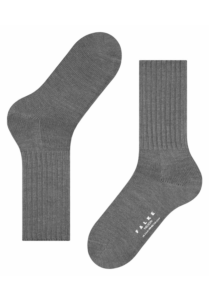 Calcetines grises de canalé con un acabado suave, que cuentan con la puntera reforzada, puño elástico y marca en la suela. Diseño elegante y funcional.