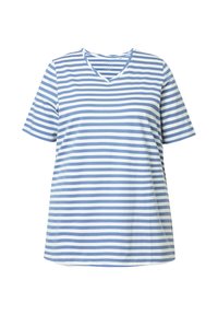 Pruhované tričko ve světle modré a bílé barvě, vyrobené z měkké bavlny. Obsahuje V-výstřih a krátké rukávy s uvolněným střihem.