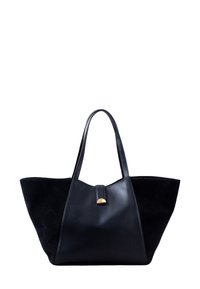 Black tote bag with contrasting suede and leather sections, angular shape, two shoulder straps, and a gold accent on the closure.