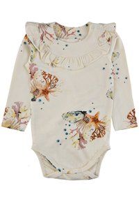 Hosszú ujjú bodysuit, puha anyagból készült, krémszínű háttérrel, korall- és halábrázolásokkal, fodros nyakkal és patentos záródással.