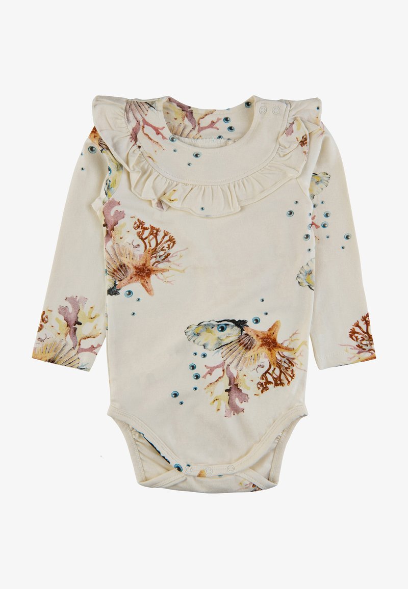 Langärmliger Bodysuit aus weichem Stoff mit einem cremefarbenen Hintergrund und Illustrationen von Korallen und Fischen, rüschigem Ausschnitt und Druckknopfverschlüssen.