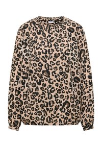 Beige Bluse mit langen Ärmeln, schwarzem und braunem Leopardenmuster, rundem Ausschnitt, elastischen Bündchen und Saum.
