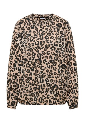 Beżowa bluzka z długim rękawem z czarno-brązowym wzorem lamparta, okrągłym dekoltem, elastycznymi mankietami i dołem.