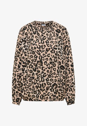 Beżowa bluzka z długim rękawem z czarno-brązowym wzorem lamparta, okrągłym dekoltem, elastycznymi mankietami i dołem.