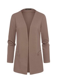 Cardigan à manches longues texturé marron avec une ouverture sur le devant et deux zips sur les côtés. Matériau doux et coupe décontractée.