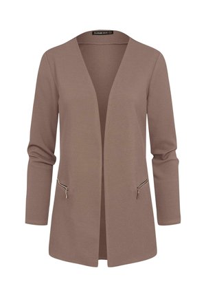 Brown textured long-sleeve cardigan with an open front and two side zippers. Soft material and relaxed fit.