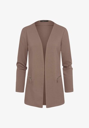 Cardigan à manches longues texturé marron avec une ouverture sur le devant et deux zips sur les côtés. Matériau doux et coupe décontractée.