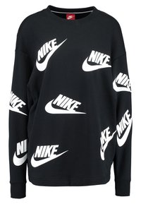 Felpa nera con molteplici loghi Nike bianchi di varie dimensioni, maniche lunghe, polsini a costine e scollo rotondo.