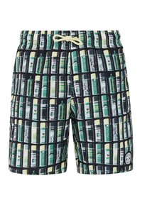Pantaloni da bagno con sfondo nero caratterizzati da un motivo ripetuto di grafiche di bottiglie verdi e gialle. Include una vita regolabile con cordino.