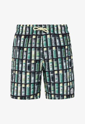 Kupanje šortsevi s crnom pozadinom koji prikazuju ponavljajući uzorak zelenih i žutih grafika boca. Uključuju podesivu uzicu u struku.