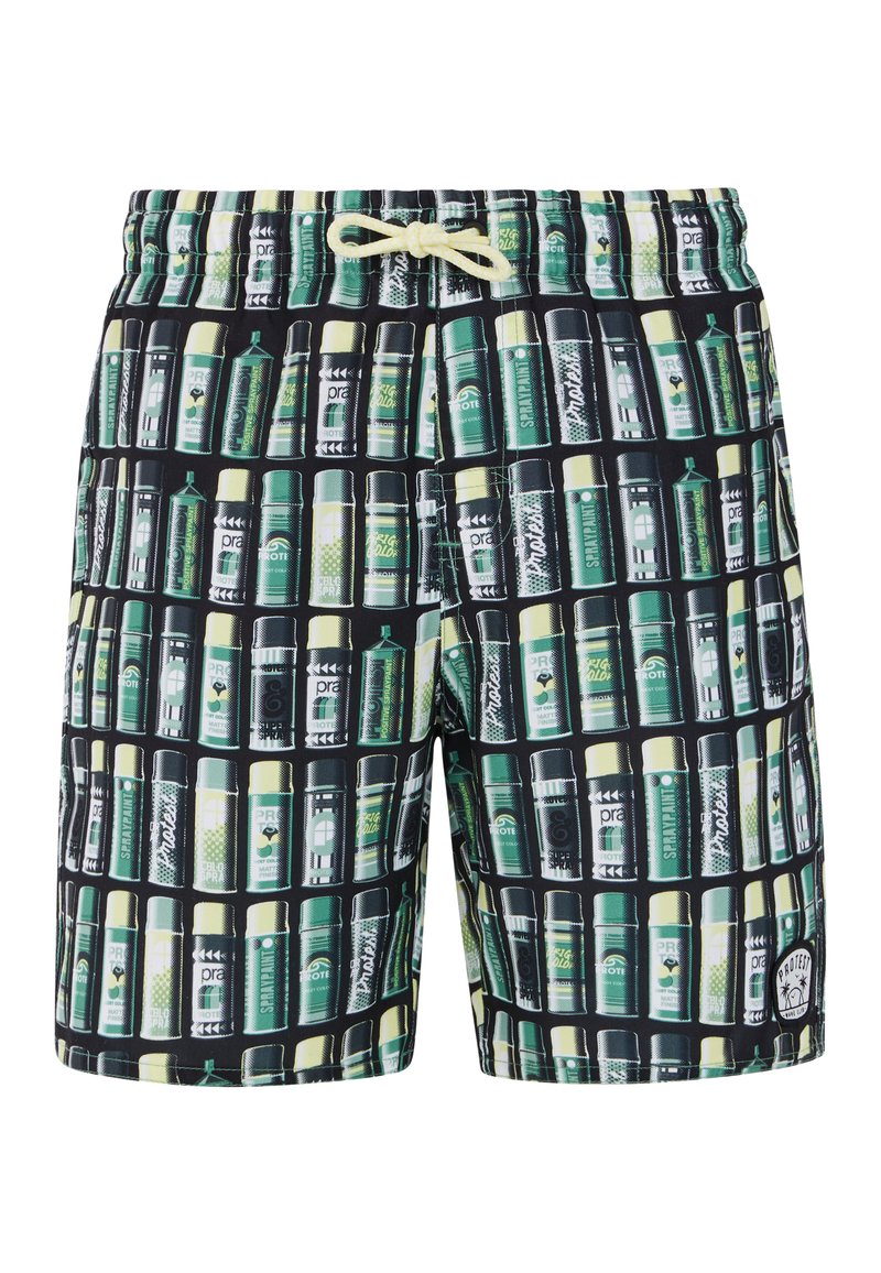 Pantaloni da bagno con sfondo nero caratterizzati da un motivo ripetuto di grafiche di bottiglie verdi e gialle. Include una vita regolabile con cordino.