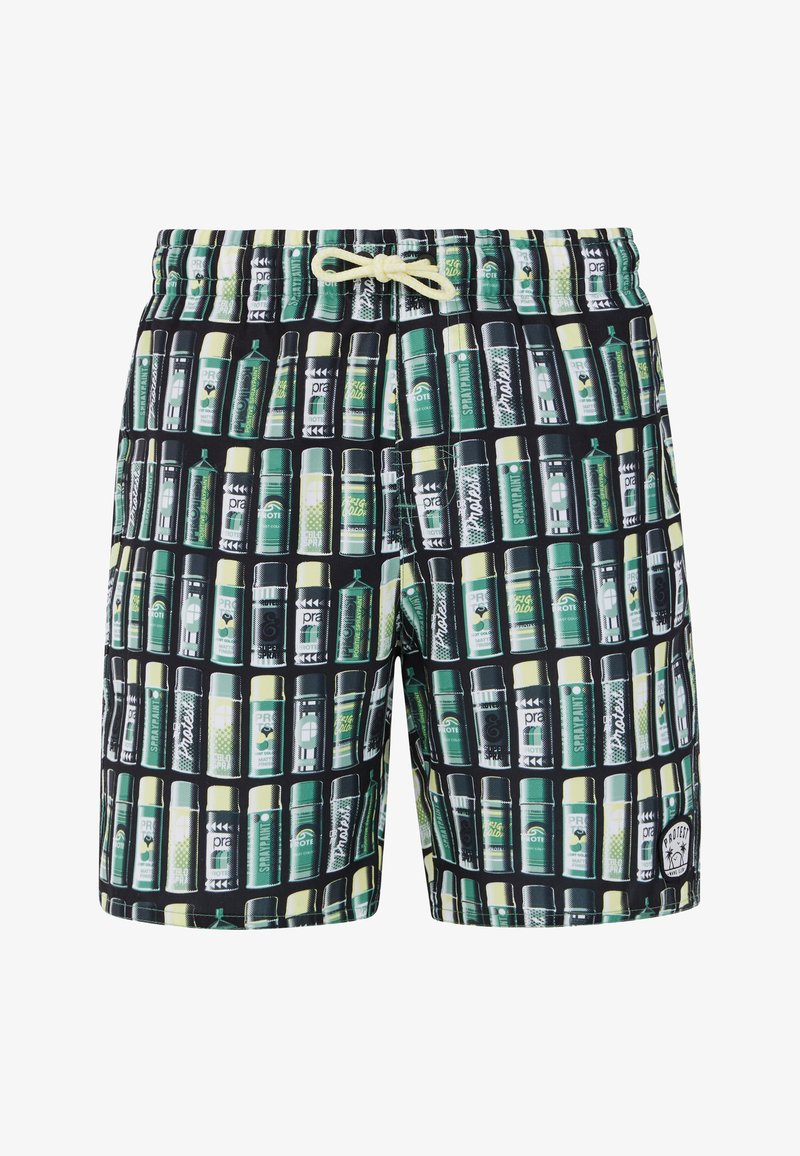 Plavky s čiernym pozadím, na ktorých je opakujúci sa motív zelených a žltých grafík fliaš. Obsahujú nastaviteľný pás na šnúrku.