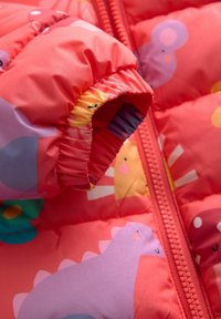 Punane puff-jakk, millel on värvikad dinosaurus ja lillemustrid. Omab kogutud mansette ja kontrastset voodrit. Ees krõpsuga disain.