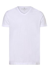 T-shirt bianca in cotone con scollatura a V, maniche corte e una texture liscia. Presenta un'etichetta del marchio discreta all'interno del colletto.