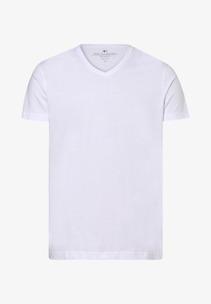 White cotton t-shirt with a v-neck, short sleeves, and a smooth texture. Features a subtle brand label inside the neckline.