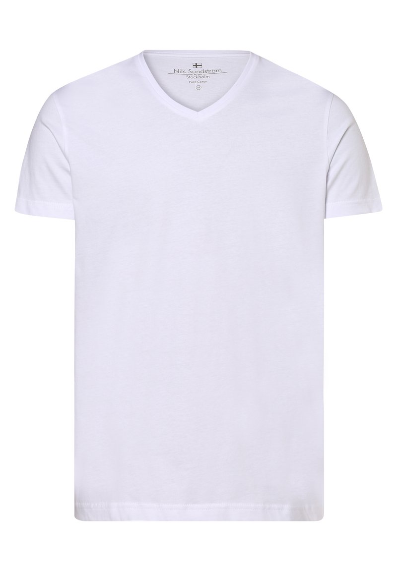 T-shirt bianca in cotone con scollatura a V, maniche corte e una texture liscia. Presenta un'etichetta del marchio discreta all'interno del colletto.