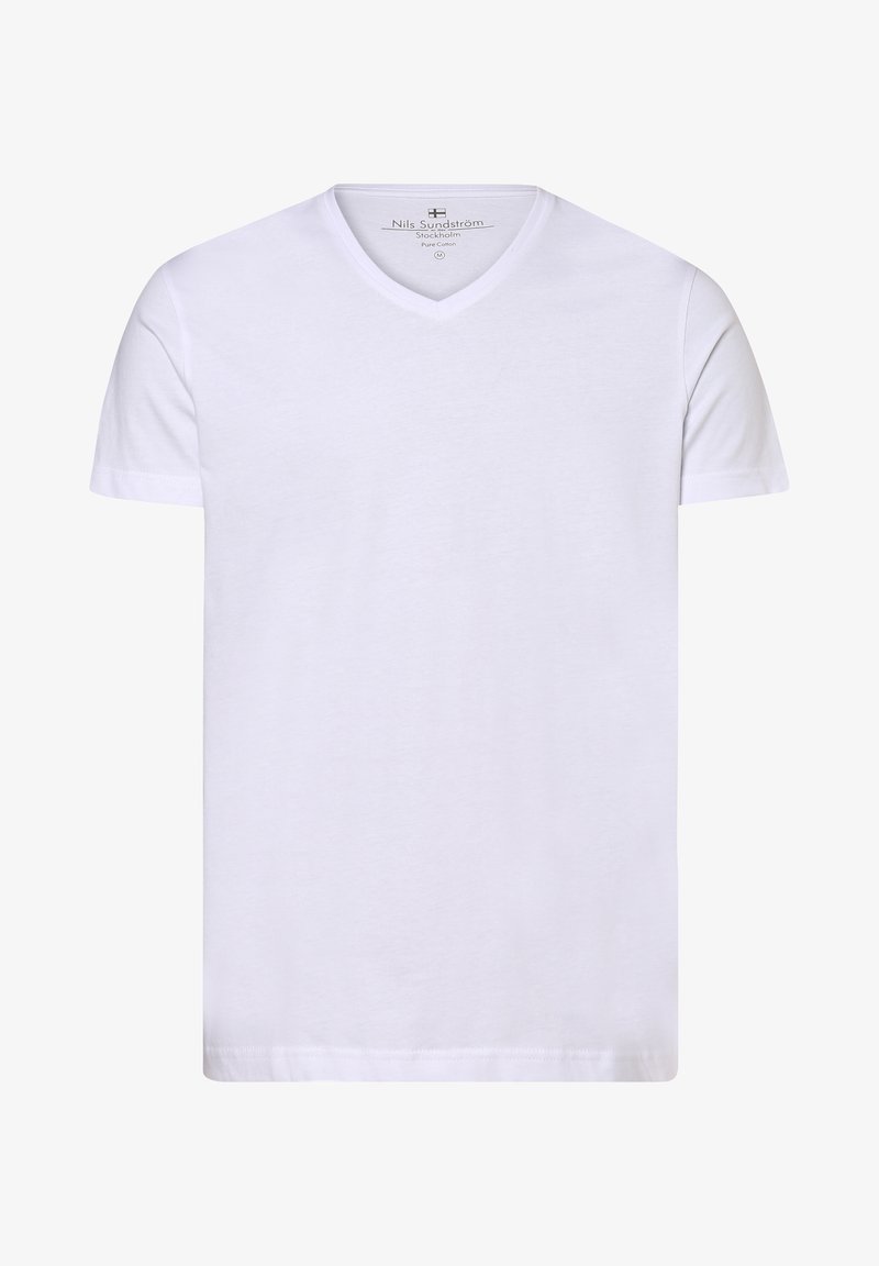 White cotton t-shirt with a v-neck, short sleeves, and a smooth texture. Features a subtle brand label inside the neckline.