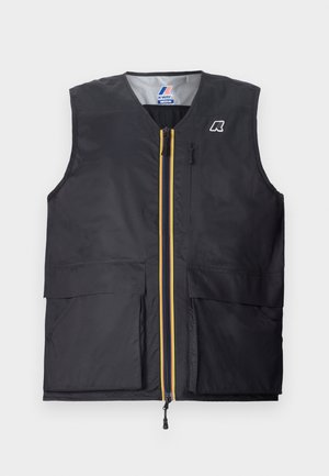 Veste sans manches noire avec fermeture éclair à l'avant, présentant des rayures jaunes et noires, deux grandes poches avant et un petit logo blanc sur la poitrine.