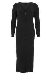 Robe noire en maille côtelée avec manches longues, encolure en V et fermeture à boutons sur le devant. Présente une silhouette ajustée et une coupe longue jusqu'aux pieds.