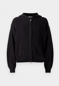 Svart zip-up hettegenser i teksturert strikket stoff, med hette, ribbestrikkede mansjetter og kant. Designet inkluderer en sentral glidelås og løs passform.