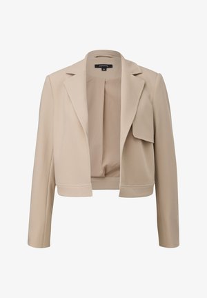Beige kurze Jacke aus strukturiertem Stoff, mit Reverskragen und offenem Vorderteil. Hat lange Ärmel und ein klares, modernes Design.
