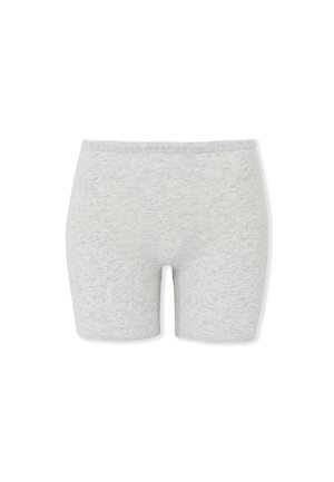 Shorts gris clair, longueur mi-cuisse, sans coutures, avec ceinture élastique, fabriqués en tissu doux et extensible.