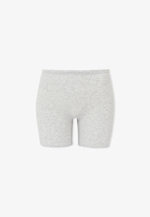 Shorts gris clair, longueur mi-cuisse, sans coutures, avec ceinture élastique, fabriqués en tissu doux et extensible.