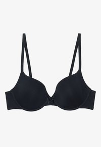 Svart vadderad bh med justerbara remmar, slät tyg och en liten dekorativ rosett i mitten. Har bygel för stöd.
