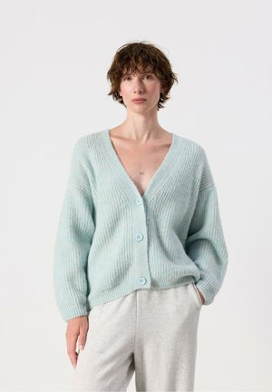 Donna che indossa un cardigan azzurro chiaro soffice con grandi bottoni e pantaloni grigio chiaro, in piedi davanti a uno sfondo semplice.