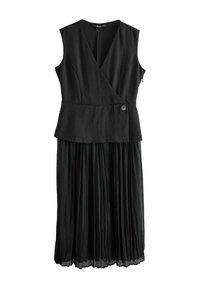 Abito senza maniche nero con scollatura a V, design avvolgente, gonna plissettata e dettaglio a bottone in vita. Realizzato in tessuto leggero.
