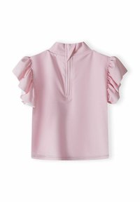 Haut rose à manches courtes avec des manches bolles. Il présente un col haut et une fermeture éclair à l'arrière. Tissu lisse avec une légère brillance.