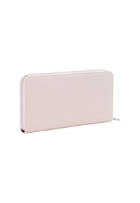 Portafoglio in pelle rosa chiaro con texture liscia, chiusura con zip a giro e dettagli in metallo argentato lungo il bordo. Forma rettangolare.