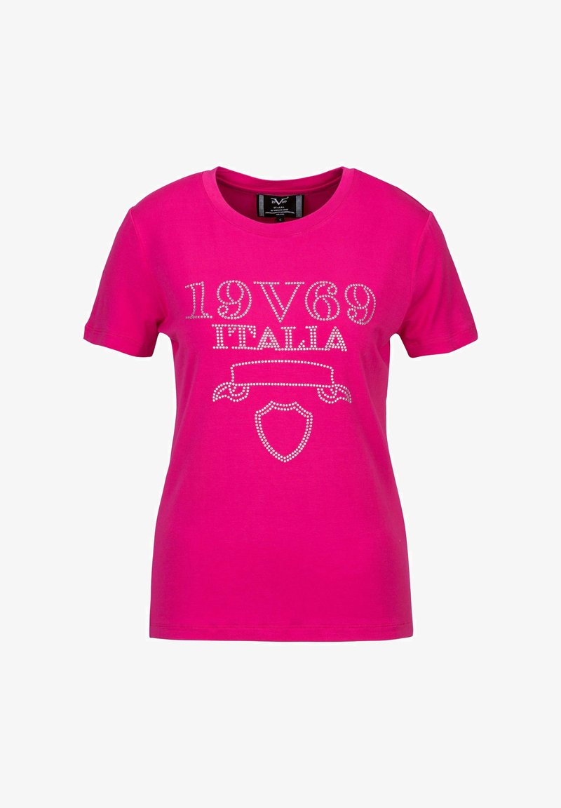 Fuchsia cotton t-shirt featuring rhinestone embellishments with "19V69 ITALIA" text and shield design on the front. Short sleeves, round neckline.