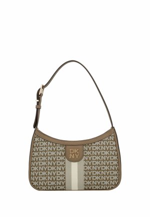 DKNY shoulder bag in canvas with a logo pattern in tan and cream, featuring a smooth leather trim and a curved silhouette. Adjustable strap.