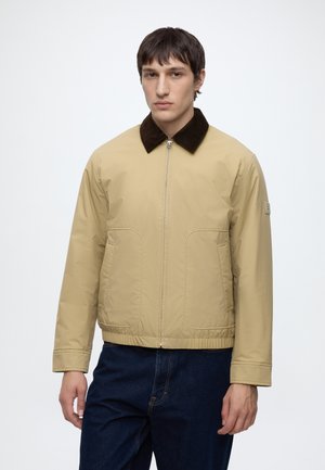 Ung mand iført beige lynlåstrøje med mørkravel og mørkeblå jeans står foran en ensfarvet lys baggrund.