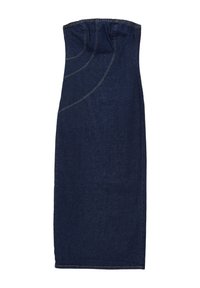 Robe en denim sans bretelles de couleur bleu foncé, présentant une coupe ajustée, des détails de coutures courbes et un ourlet propre. Le tissu a une texture lisse.