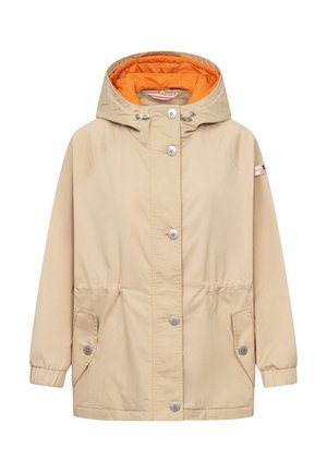 Beige hooded jacket with orange lining, front button closure, elastic cuffs, and buttoned flap pockets on both sides.