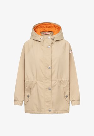 Beige hooded jacket with orange lining, front button closure, elastic cuffs, and buttoned flap pockets on both sides.