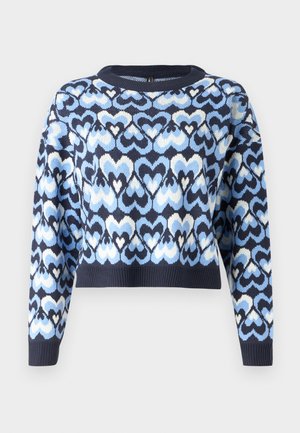 Maglione blu navy con un motivo di cuori intrecciati in azzurro chiaro e bianco, stile cropped con colletto a giro e polsini a coste.